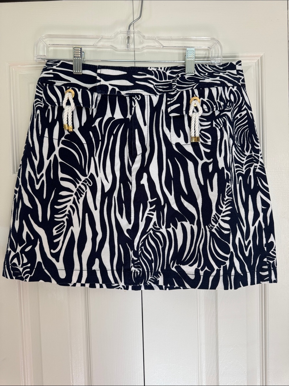 Lilly Pulitzer Navy and White Zebra-Print Mini Skirt with Rope Accents